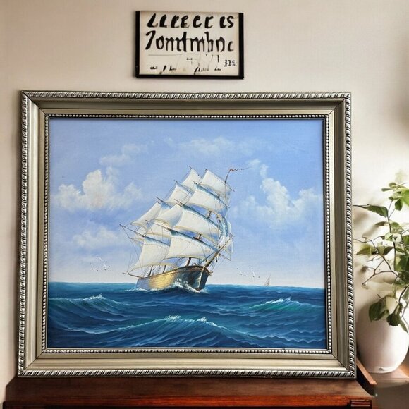 2006 Classic Sailing Ship Artwork on Canvas Oil Painting Framed Size 28" x 24" - Picture 1 of 15